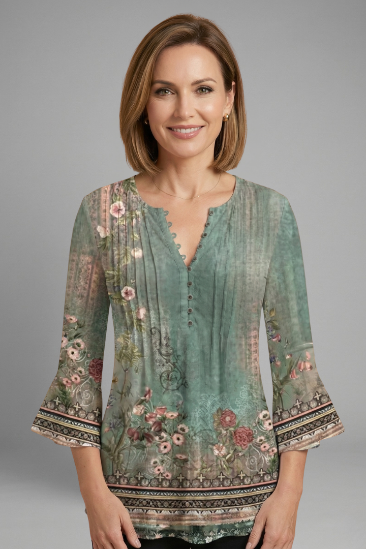Women’s cotton blend top with round neckline, short sleeves, smooth woven surface, and straight hem for everyday styling.