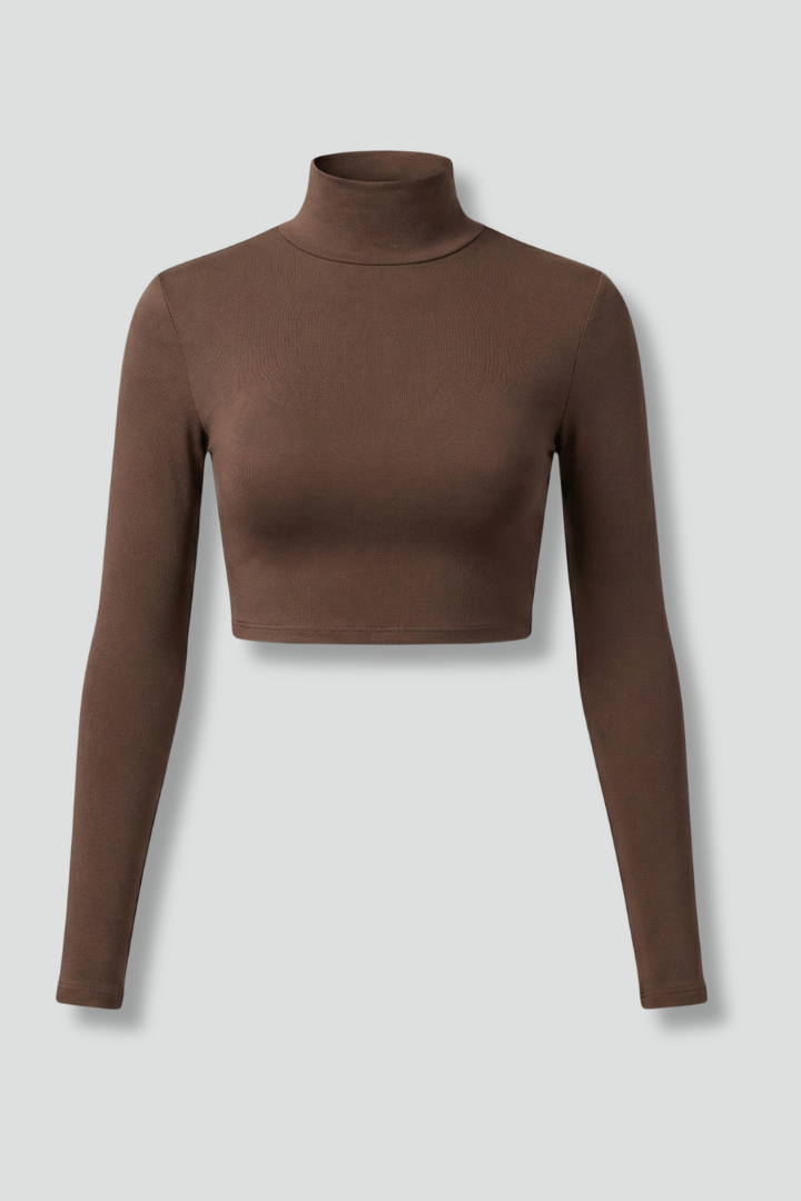 Women’s crop top with high neckline and long sleeves, ideal for casual everyday outfits and seasonal fashion styling.