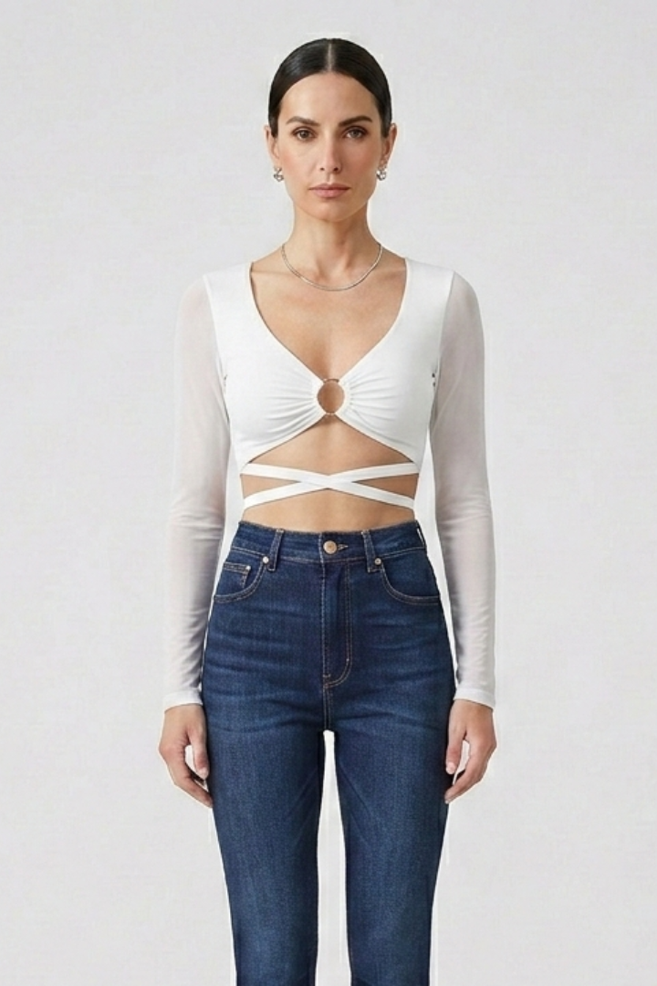 Women’s crop top with deep v-neckline, front ring detail, and wrap straps, ideal for party outfits and casual evening styling.