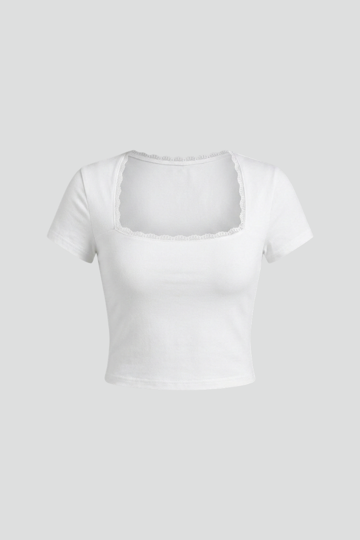Women’s crop top with square neckline, lace trim, and short sleeves, ideal for casual summer outfits and everyday fashion styling.