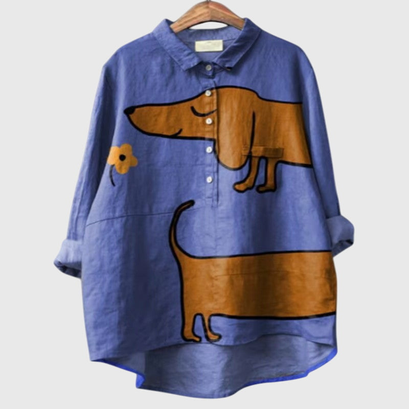 Women’s dog print blouse with a relaxed fit and playful design, suitable for casual outfits, everyday wear, and weekend styling.