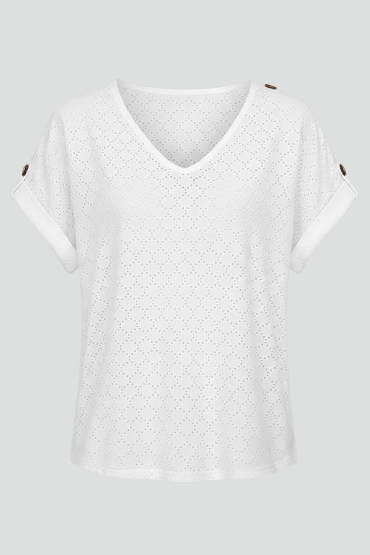 Women’s eyelet T-shirt with V-neckline, button detail, and rolled sleeves, suitable for everyday wear and casual outfits.