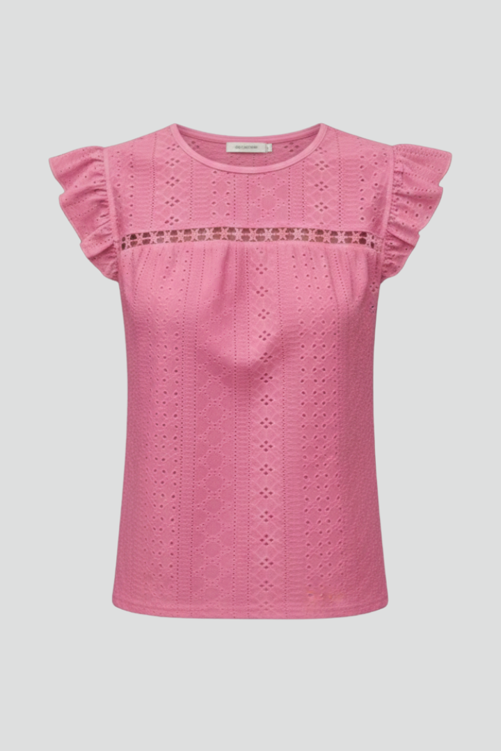 Women’s eyelet T-shirt with round neckline, ruffle shoulders, and chest trim detail, suitable for everyday wear and casual outfits.