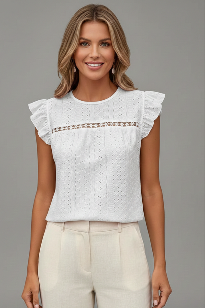 Women’s eyelet T-shirt with round neckline, ruffle shoulders, and chest trim detail, suitable for everyday wear and casual outfits.