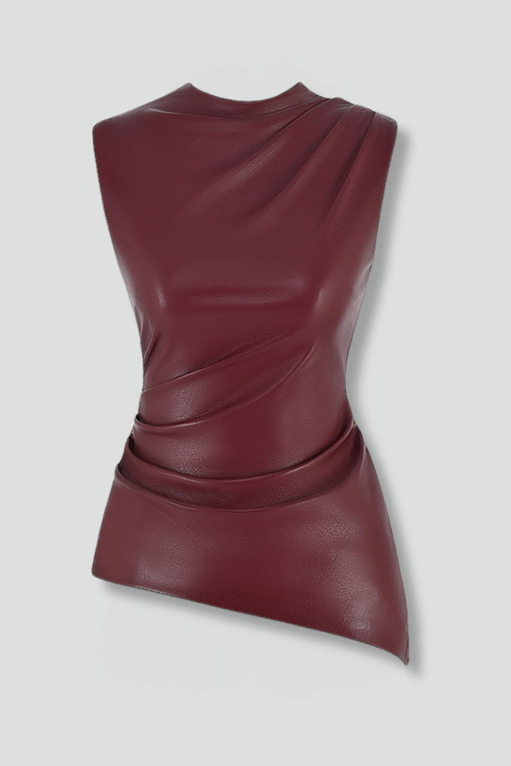 Women’s fitted top with structured neckline, sleeveless cut, smooth surface finish, and contoured waist for modern everyday styling.