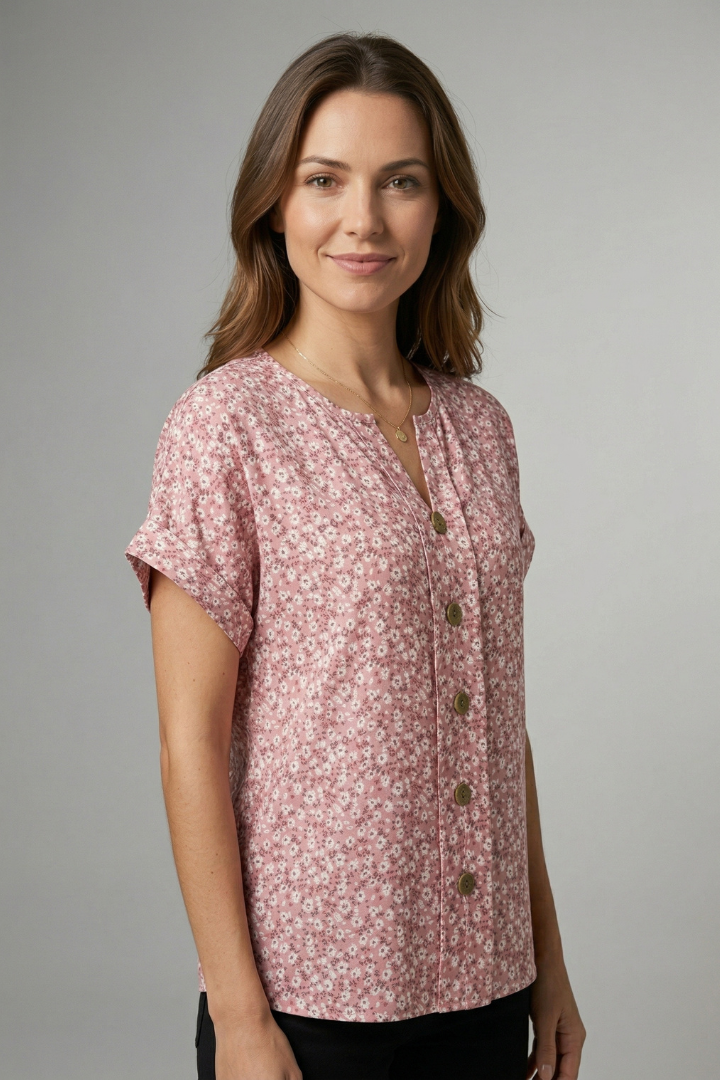 Women’s floral blouse with round neckline, button front, and short sleeves, ideal for casual outfits and everyday fashion styling.