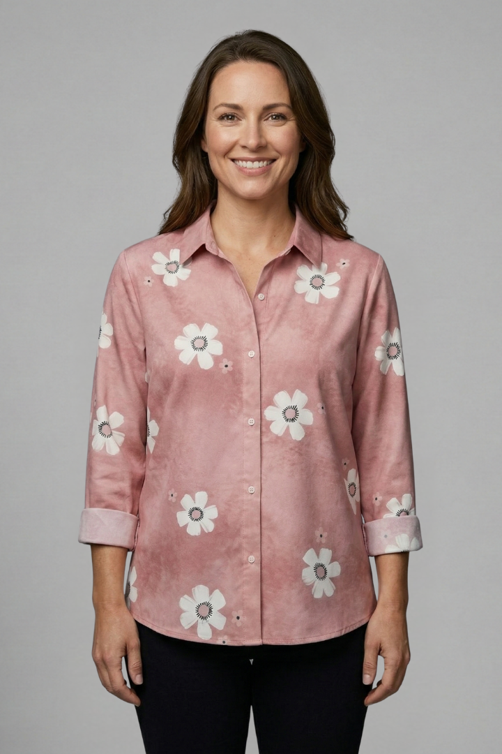Women’s floral blouse with collar neckline, button front, and roll-up sleeves, ideal for office outfits and casual everyday styling.