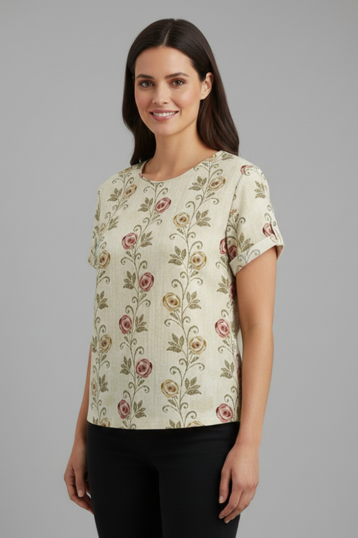 Women’s short sleeve blouse with collared neckline and floral print, featuring a relaxed fit and textured surface for everyday and office wear.