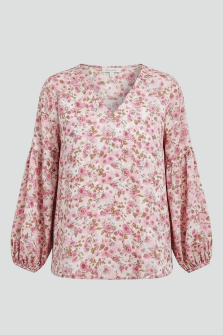 Women’s floral blouse with V-neckline and relaxed fit, featuring long sleeves and all-over print for casual and work outfits