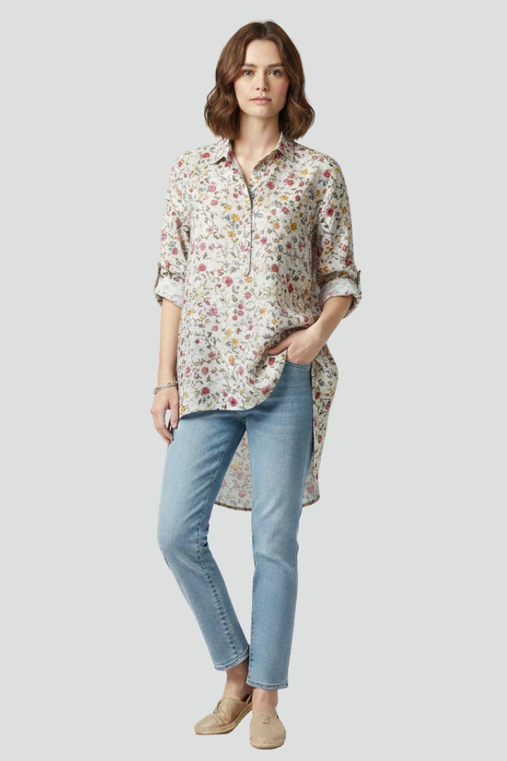 Women’s floral shirt with button front and long sleeves, featuring a relaxed fit for everyday and work outfits