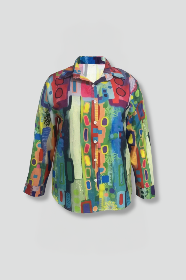 Women’s geometric print blouse with button-front closure, long sleeves, and collar neckline for office and casual everyday outfits.