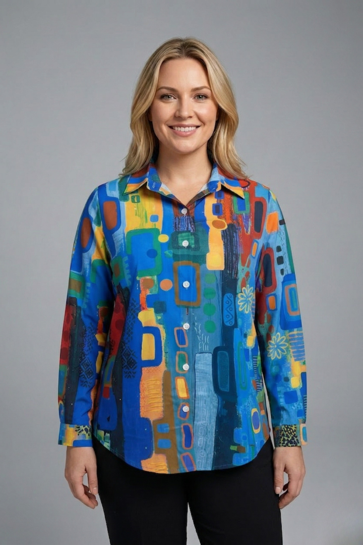 Women’s geometric print blouse with button-front closure, long sleeves, and collar neckline for office and casual everyday outfits.