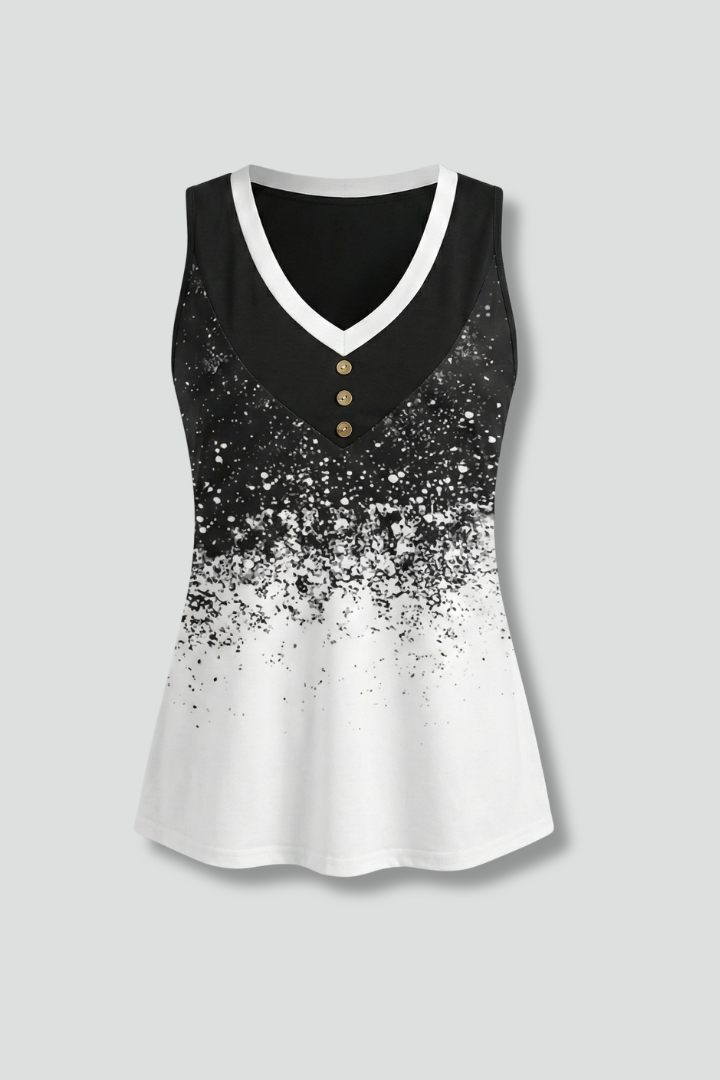 Women’s sleeveless top with V-neckline, button placket, and gradient color pattern, suitable for casual wear and summer outfits.
