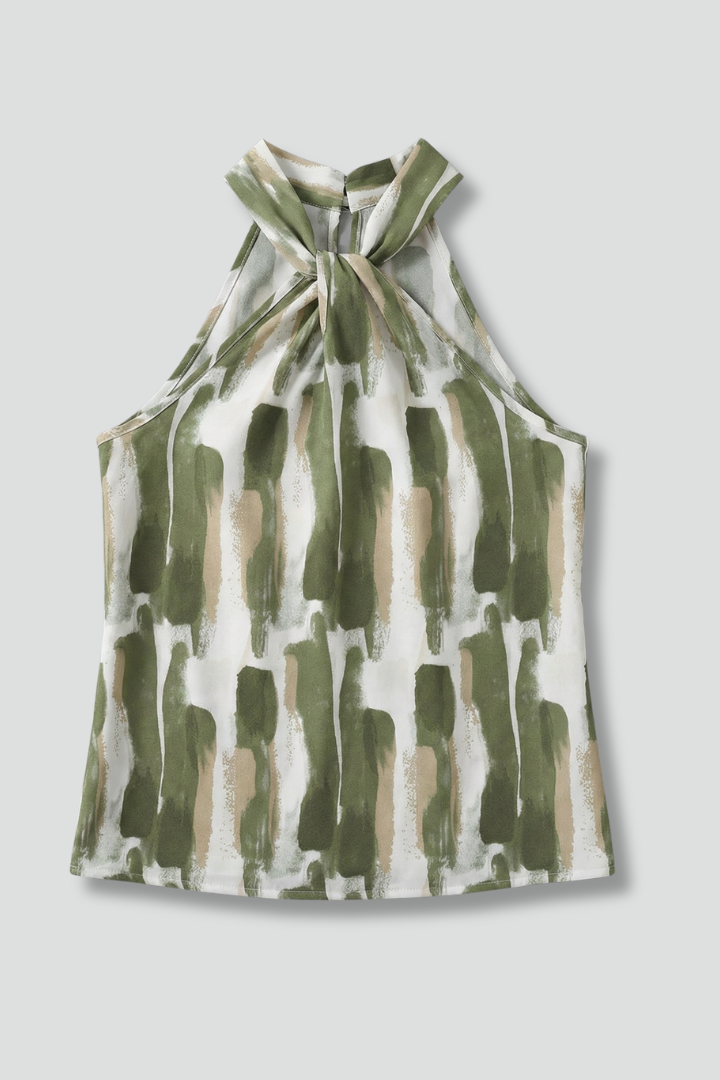 Women’s sleeveless halter top with tie neckline, open back, and abstract print, ideal for summer outfits and casual wear.