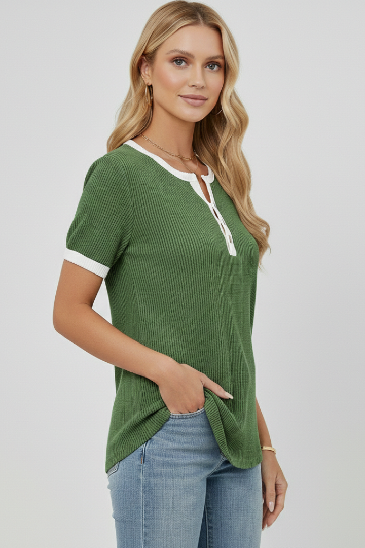Women’s henley T-shirt with V-neckline, button placket, and ribbed texture, designed for everyday wear and casual outfits.