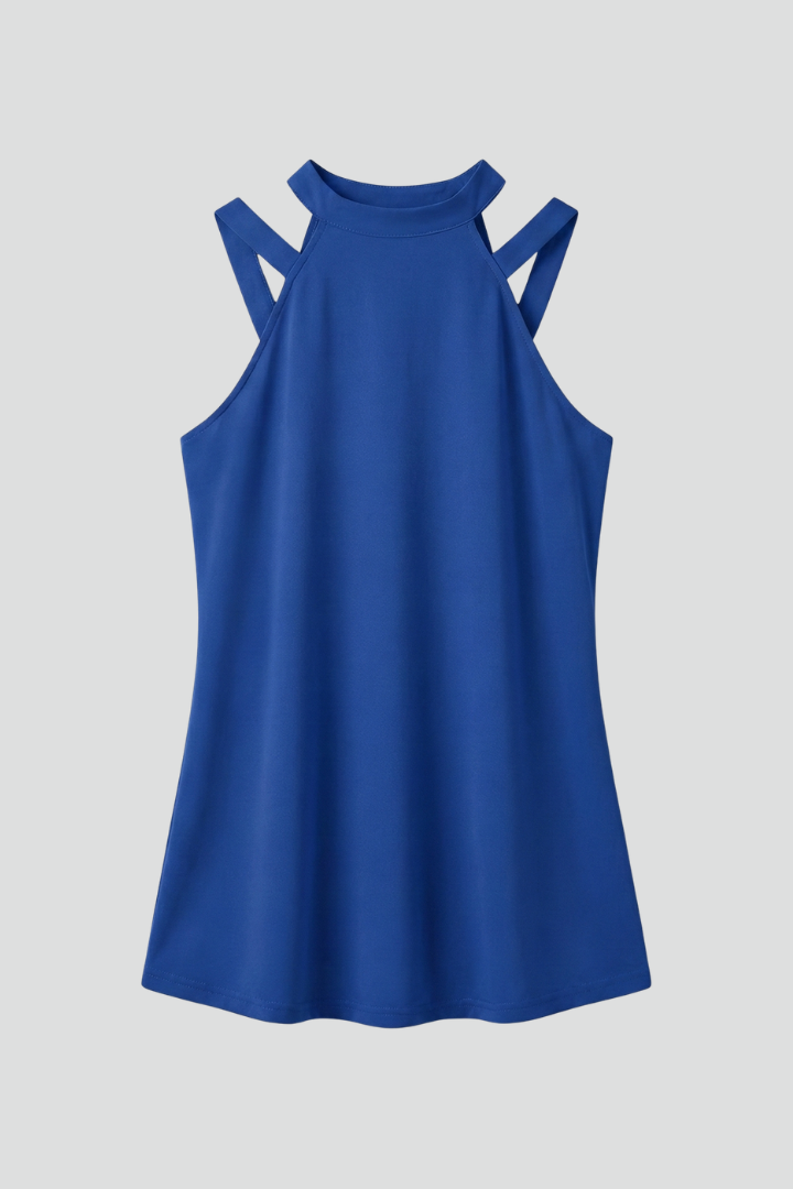 Women’s sleeveless tunic top with high neckline, wide shoulders, and straight hem, suitable for casual wear and everyday layering.