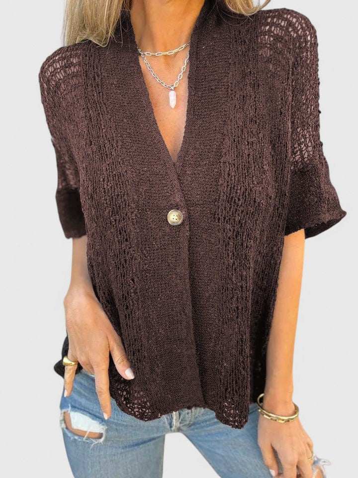 Women’s knit shirt with an open stitch design, single-button closure, and relaxed fit, ideal for warm-weather wear and casual layering.