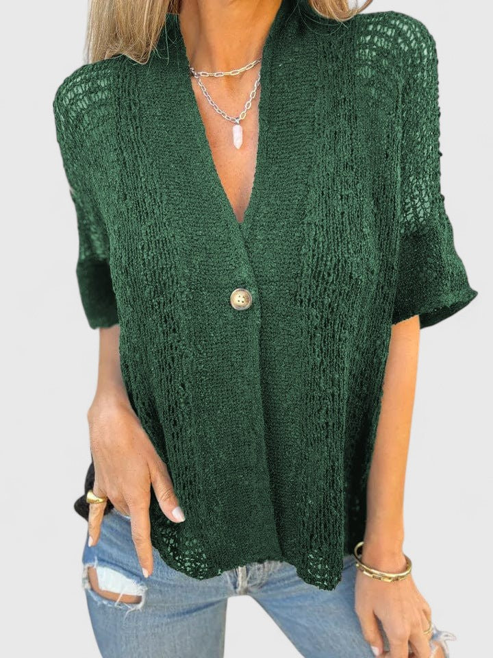Women’s knit shirt with an open stitch design, single-button closure, and relaxed fit, ideal for warm-weather wear and casual layering.