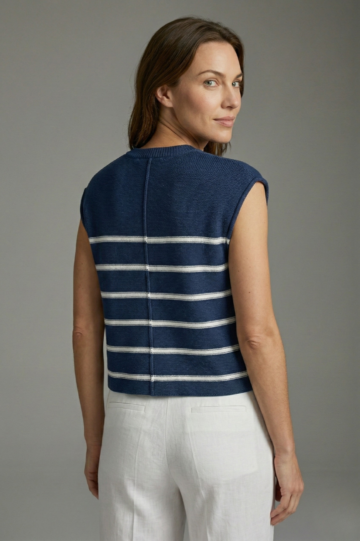 Women’s sleeveless knit top with round neckline and horizontal stripes, designed for casual wear and summer outfits