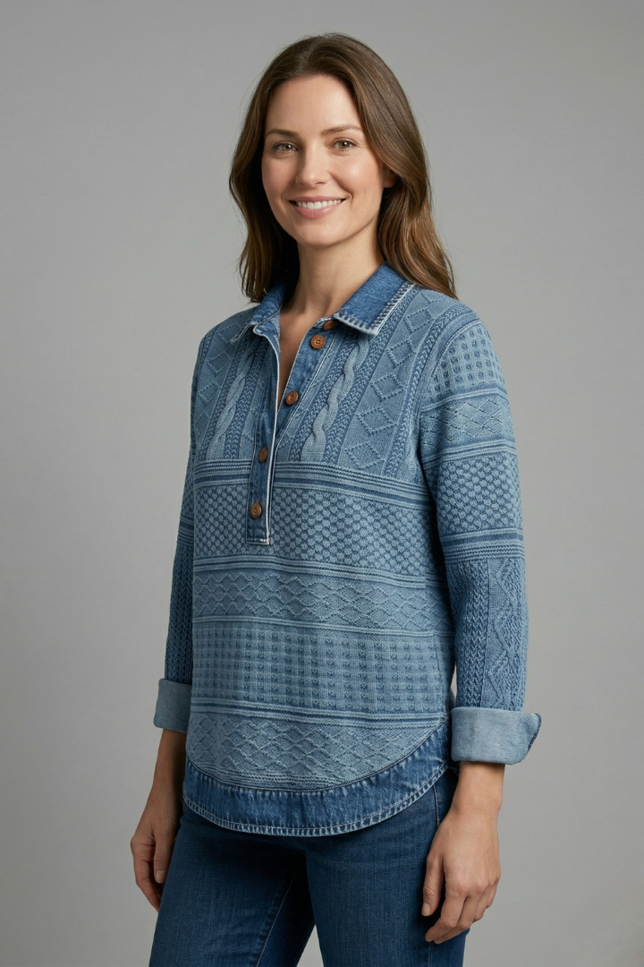 Women’s knit top with lapel collar, textured braided pattern, partial button closure, and long sleeves for everyday styling.
