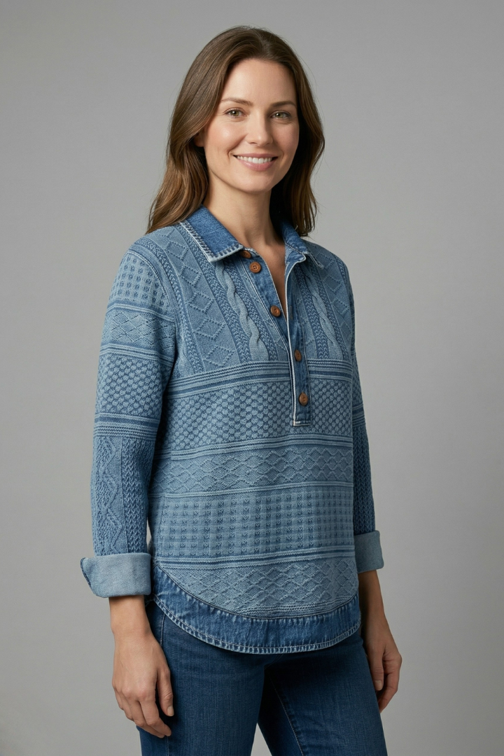 Women’s knit top with lapel collar, textured braided pattern, partial button closure, and long sleeves for everyday styling.
