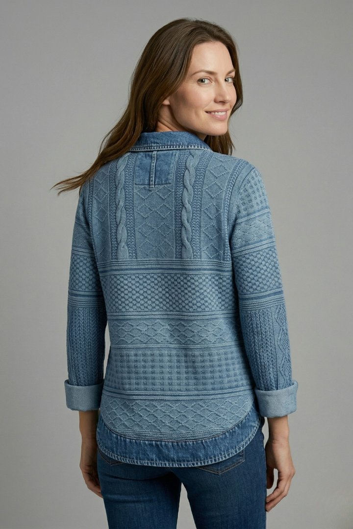 Women’s knit top with lapel collar, textured braided pattern, partial button closure, and long sleeves for everyday styling.