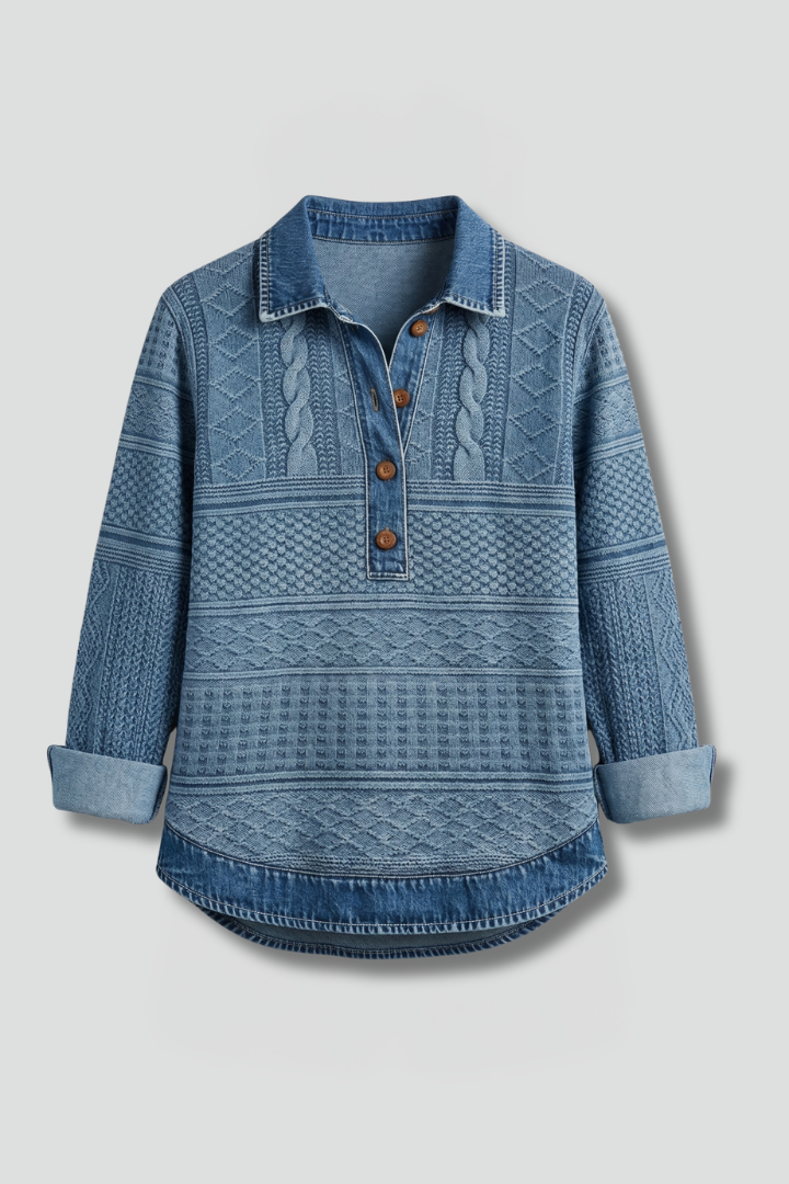Women’s knit top with lapel collar, textured braided pattern, partial button closure, and long sleeves for everyday styling.
