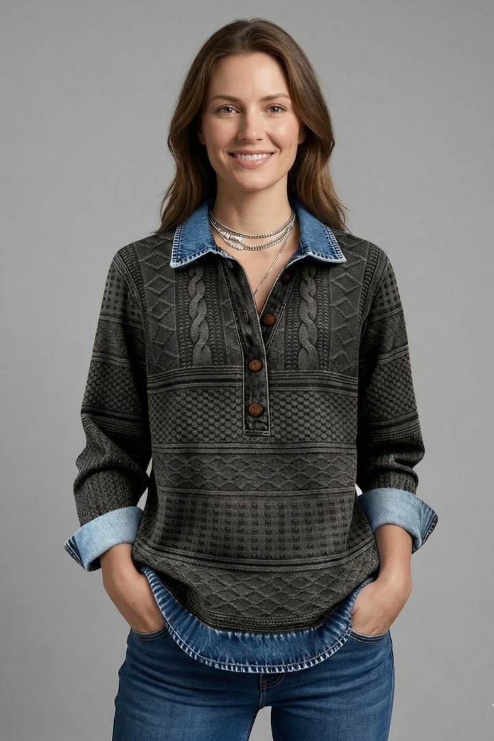Women’s knit top with lapel collar, textured braided pattern, partial button closure, and long sleeves for everyday styling.