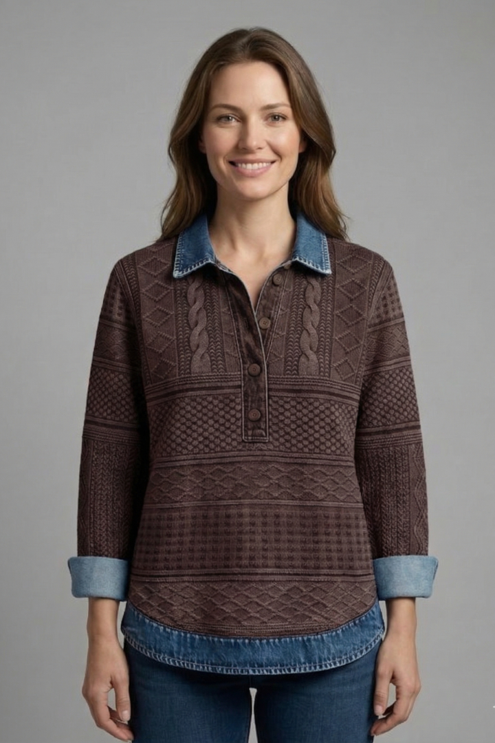 Women’s knit top with lapel collar, textured braided pattern, partial button closure, and long sleeves for everyday styling.