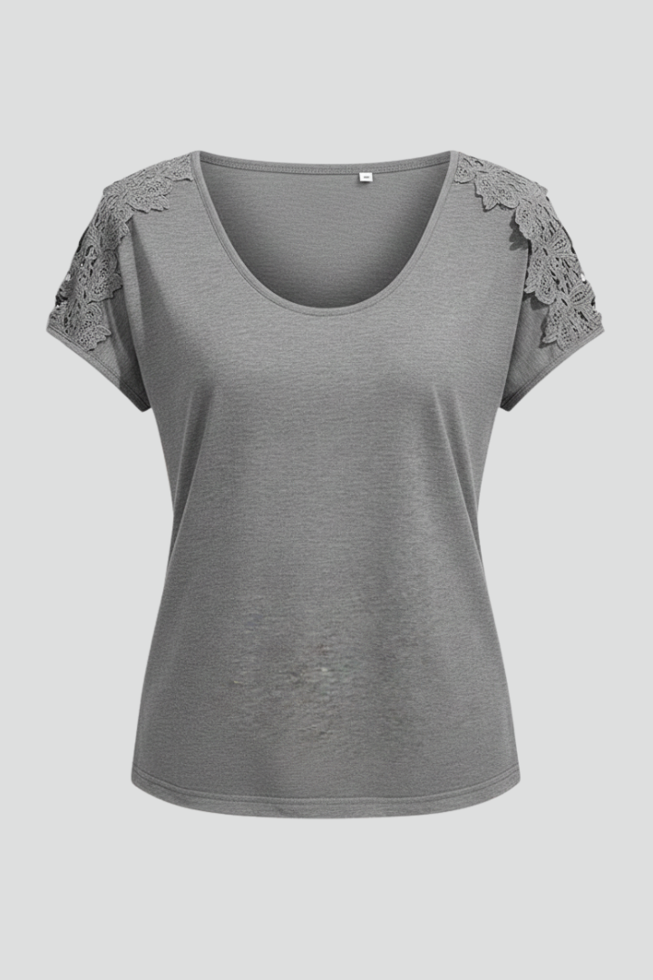 Women’s T-shirt with round neckline and lace shoulder trim, designed for everyday wear and casual outfits.