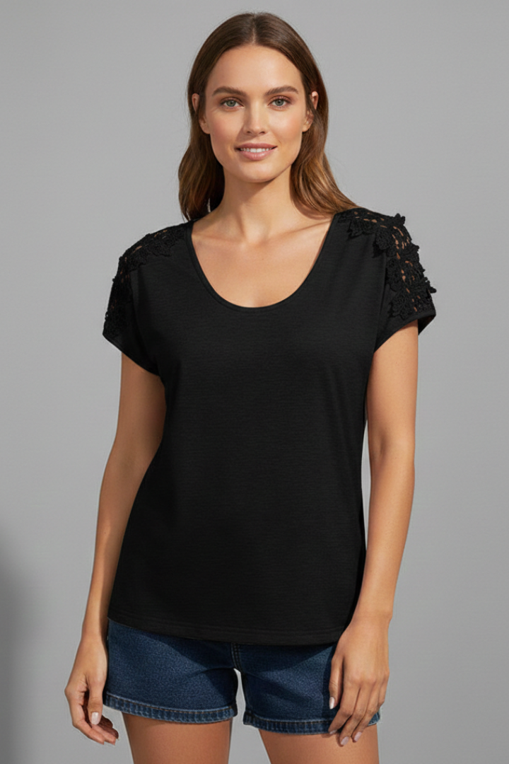 Women’s T-shirt with round neckline and lace shoulder trim, designed for everyday wear and casual outfits.