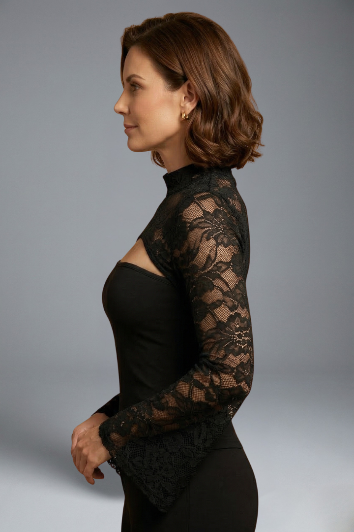 Women’s lace top with bandeau neckline, cut out detail, wide semi-transparent sleeves, and fitted silhouette for evening styling.