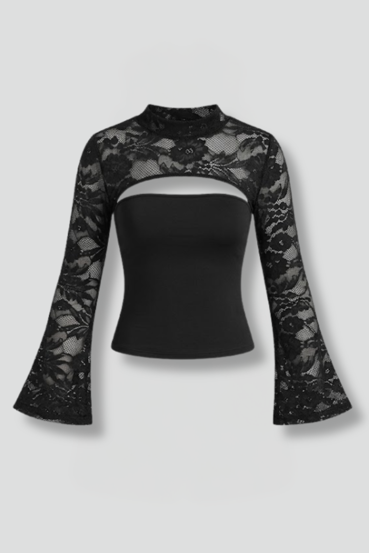 Women’s lace top with bandeau neckline, cut out detail, wide semi-transparent sleeves, and fitted silhouette for evening styling.