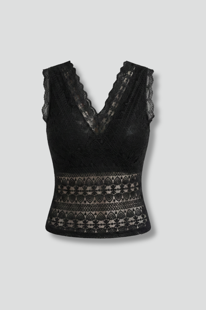 Women’s lace top with v-neckline and wide shoulder straps, designed for casual wear and evening outfits