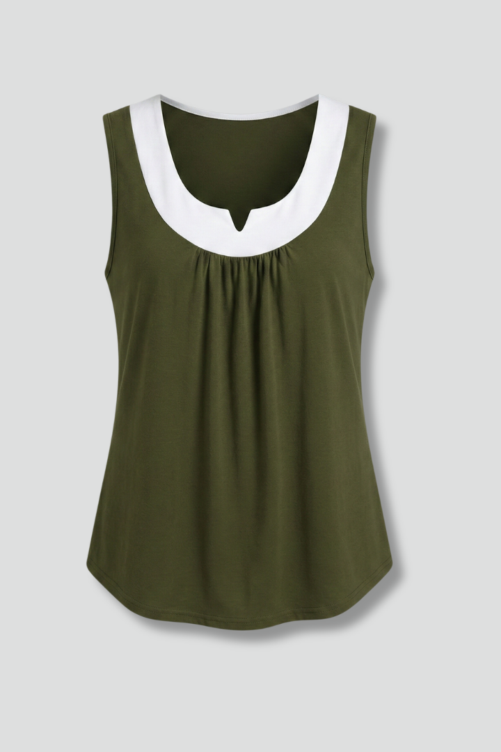 Women’s sleeveless tank top with layered V-neckline, wide straps, and rounded hem, suitable for casual wear and everyday layering.