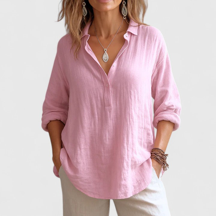Women’s linen blouse with relaxed fit and timeless silhouette, ideal for vacations, casual outings, and everyday warm-weather styling.