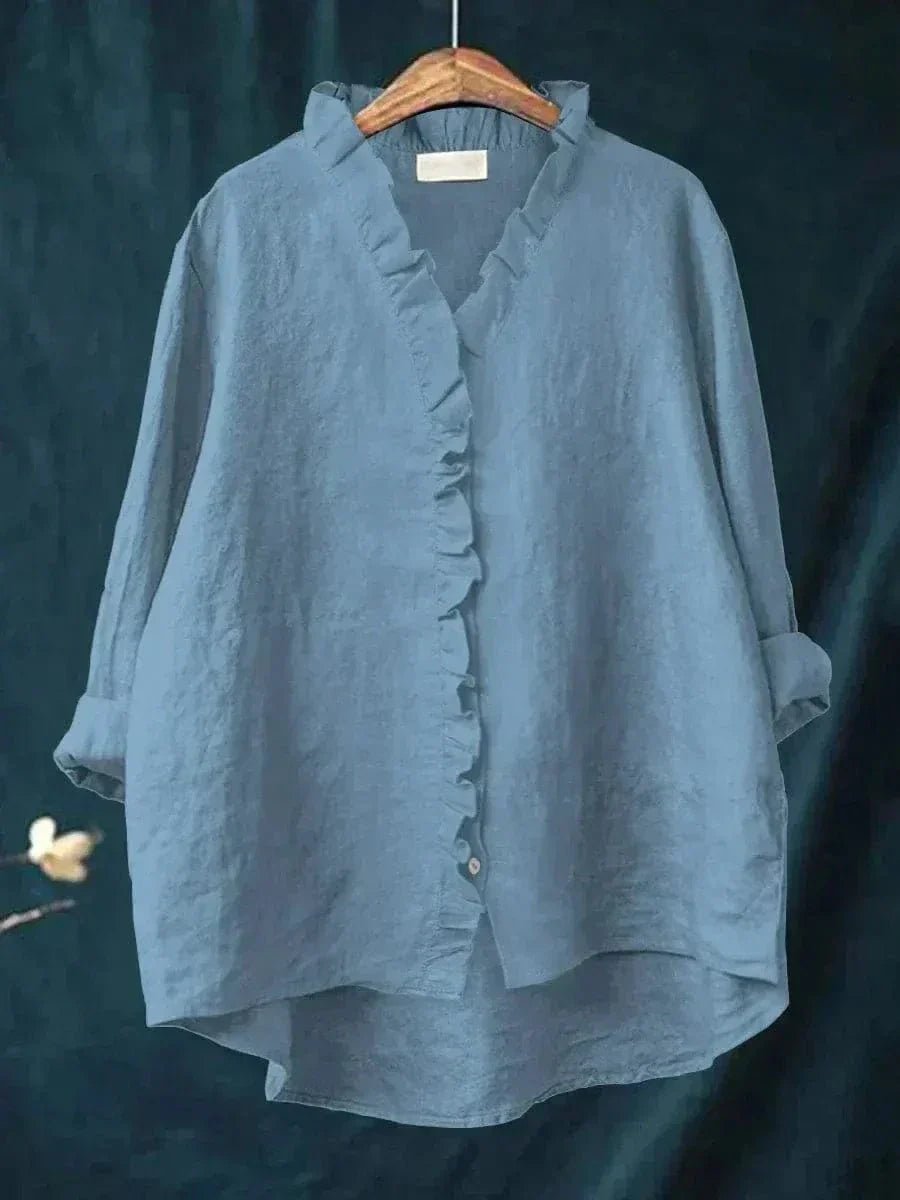 Women’s linen blouse with ruffle neckline and relaxed fit, suitable for summer wear, office outfits, and casual occasions.