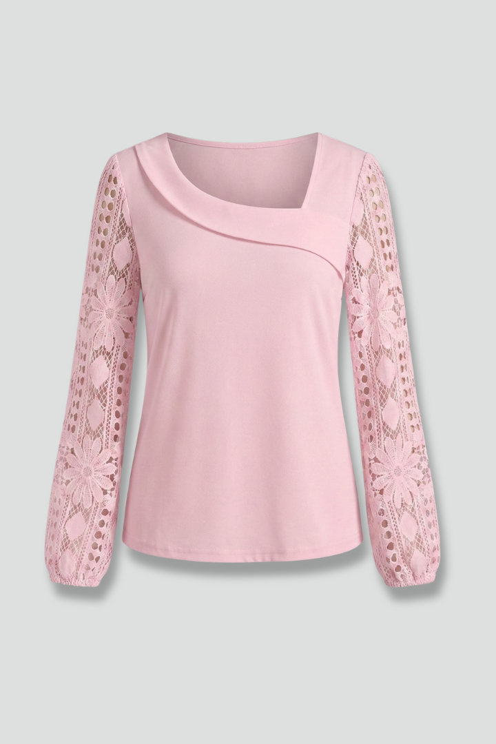 Women’s long sleeve blouse with lace sleeves and cut out detailing, featuring a round neckline and straight hem for office or evening wear.