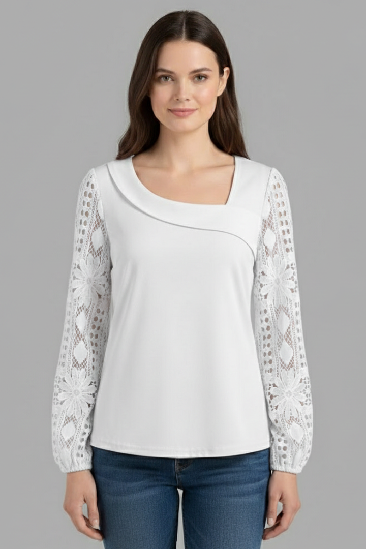 Women’s long sleeve blouse with lace sleeves and cut out detailing, featuring a round neckline and straight hem for office or evening wear.