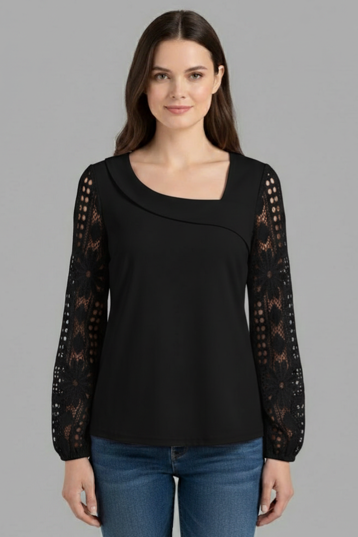 Women’s long sleeve blouse with lace sleeves and cut out detailing, featuring a round neckline and straight hem for office or evening wear.