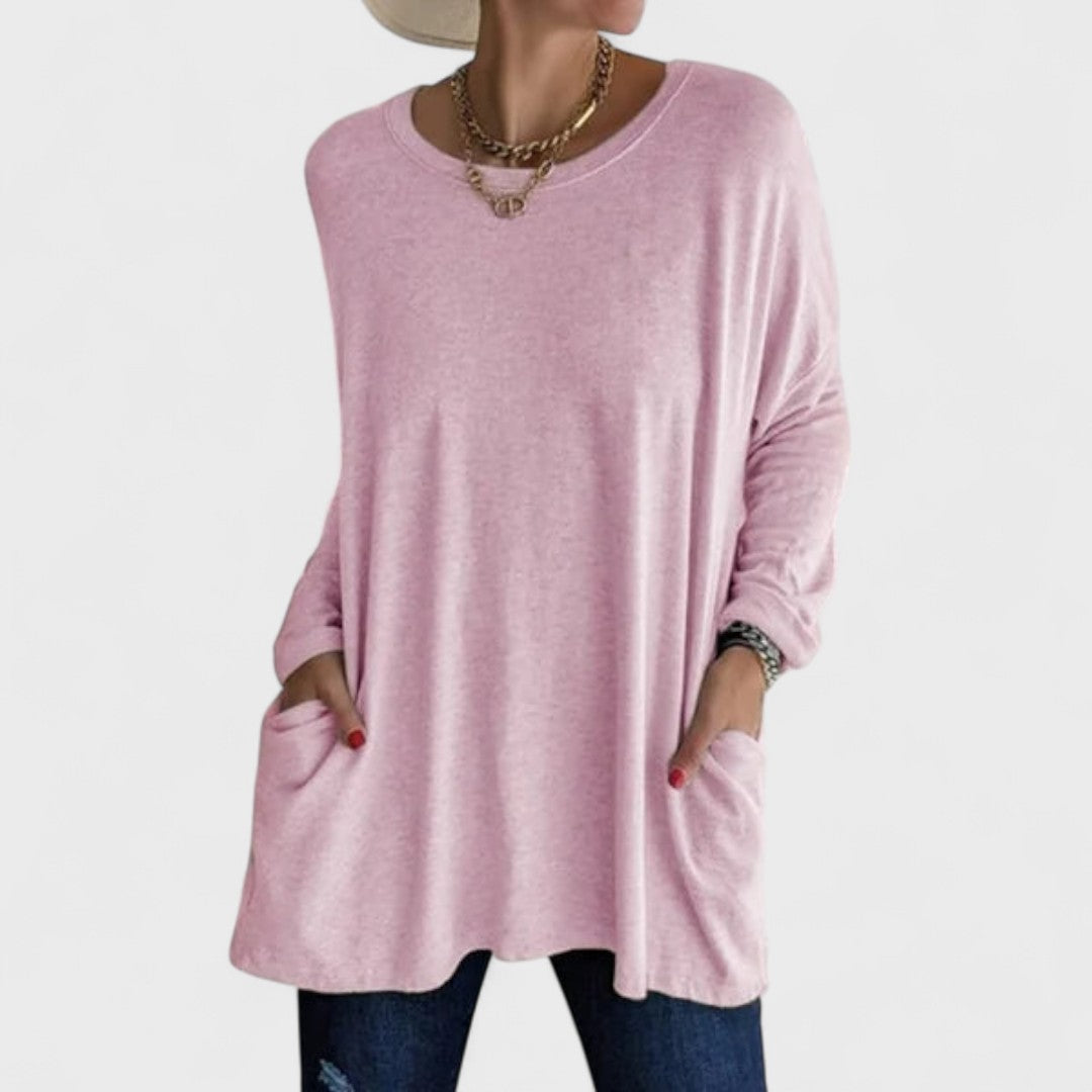 Women’s long sleeve top with a relaxed fit and flattering drape, ideal for everyday wear, layering, casual outings, and versatile styling.