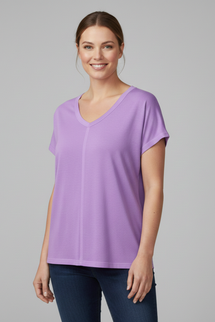 Women’s loose-fit T-shirt with V-neckline and side slit hem detail, designed for everyday wear and casual styling.