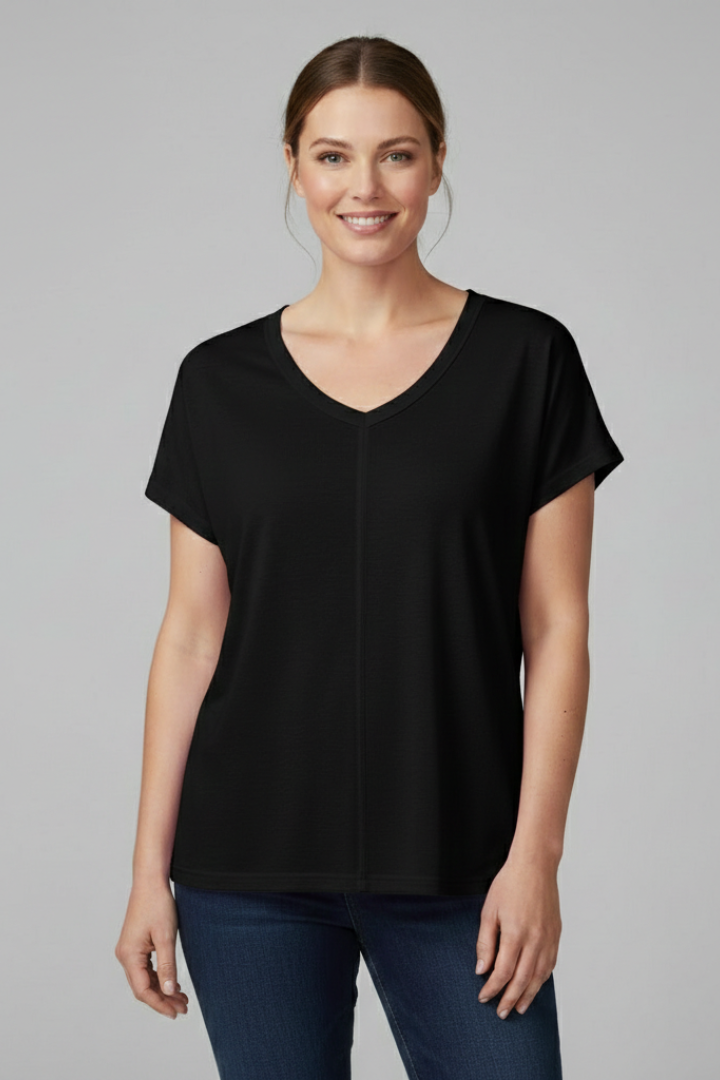 Women’s loose-fit T-shirt with V-neckline and side slit hem detail, designed for everyday wear and casual styling.