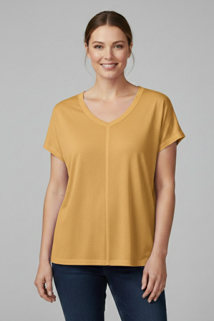 Women’s loose-fit T-shirt with V-neckline and side slit hem detail, designed for everyday wear and casual styling.