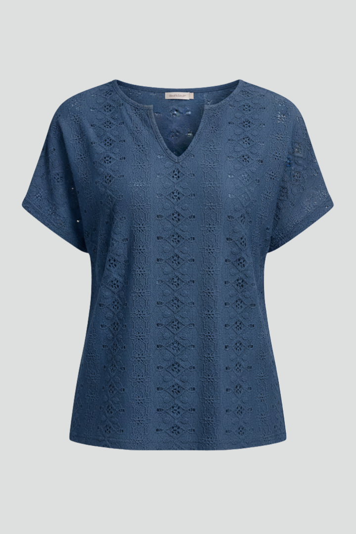 Women’s T-shirt with notched neckline and eyelet surface detailing, designed for casual wear and everyday outfits.