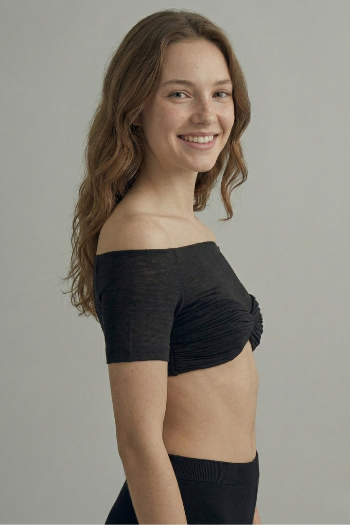 Women’s off-shoulder crop top with front ruching and short sleeves, ideal for summer outfits and casual evening styling.