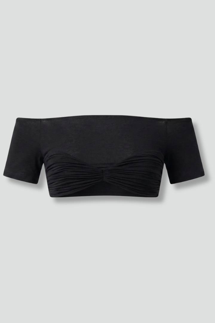 Women’s off-shoulder crop top with front ruching and short sleeves, ideal for summer outfits and casual evening styling.