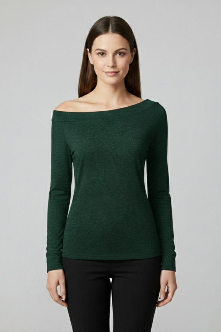 Women’s off-shoulder top with long sleeves and plain surface, suitable for casual wear, evening outfits, and everyday styling.
