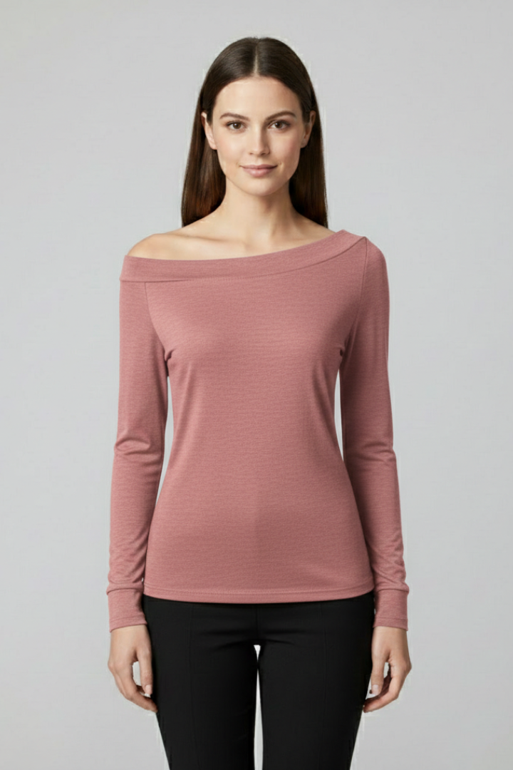 Women’s off-shoulder top with long sleeves and plain surface, suitable for casual wear, evening outfits, and everyday styling.