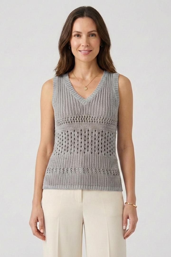 Women’s tank top with v-neckline and openwork knit pattern, designed for casual wear and summer outfits